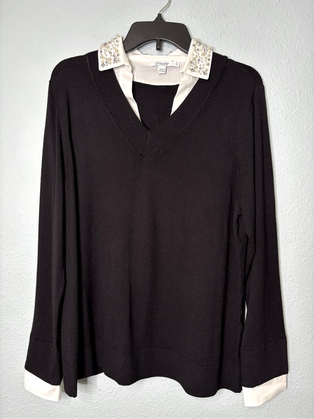 Chico’s Pearl Rhinestone Embellished Layered Collared Sweater Shirt L